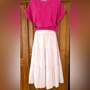 Matty M Pink A-Line Tiered Linen Blend Skirt w pockets